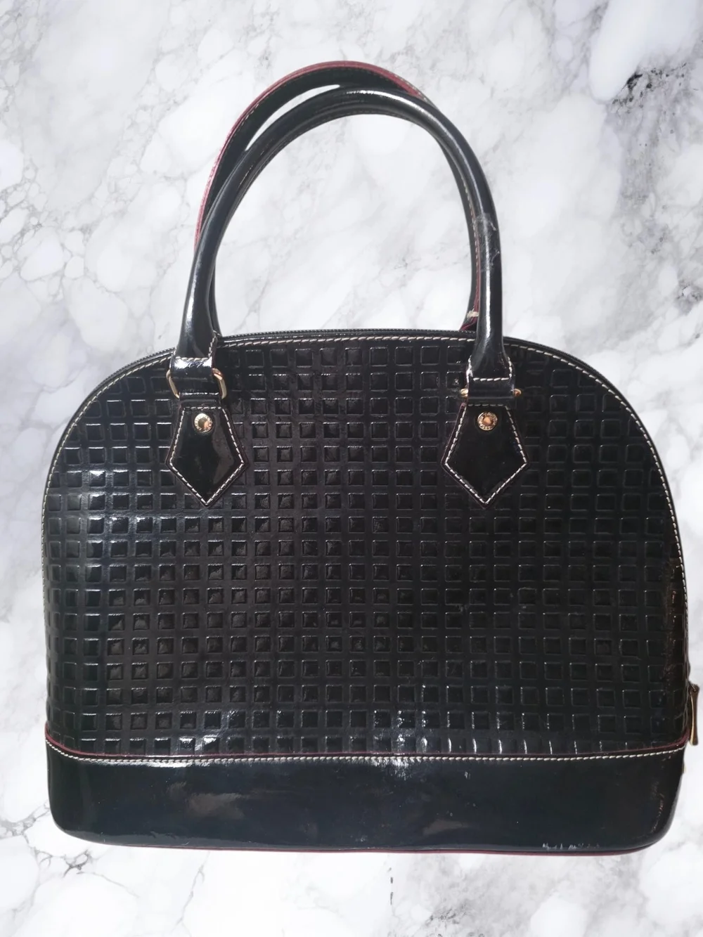 Arcadia Italy Black Patent Leather Satchel Embossed Dome Bag Made in Italy